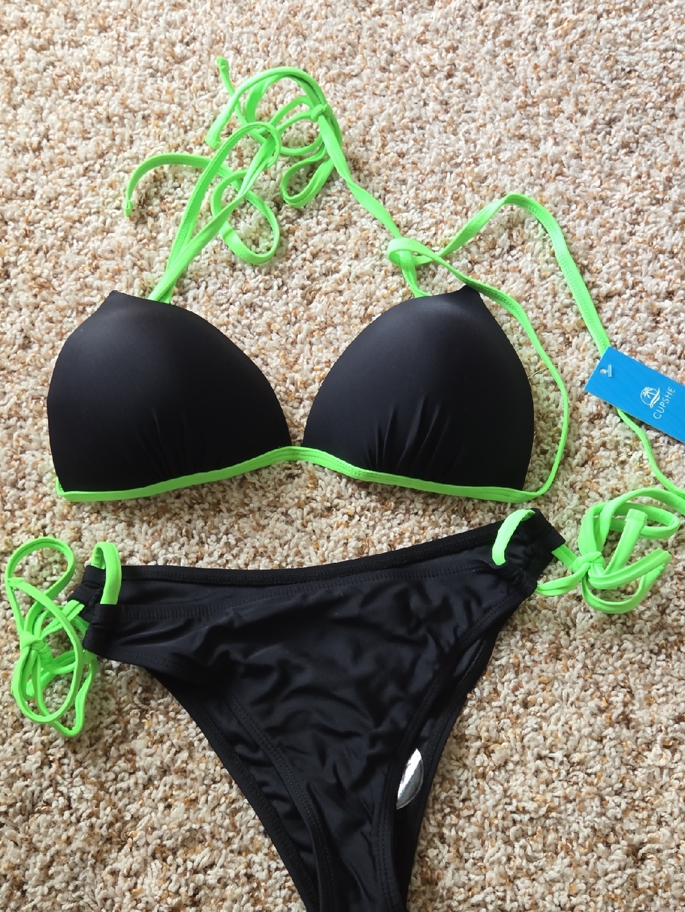 Cupshe Black Bikini with Neon Green Trim and Ties